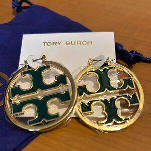Tory Burch Green Miller Logo Hoop Earrings